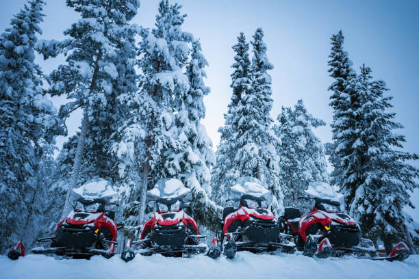 Row of red and black snowmobiles in winter Lapland Four brightly colored red and black snowmobiles near Lapland forest. Vehicles parked in line near high firs in Lapland, Finland. Heavy snow on trees and ground. Winter seasonal landscape. Snowmobiling stock pictures, royalty-free photos & images