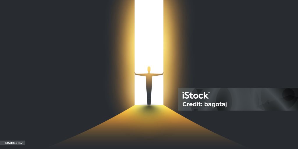 New Possibilities, Hope - Overcome Business Problems, Solution Finding, Vector Concept Businessman Standing in Dark, Symbol of Light at the End of the Tunnel Opening stock vector