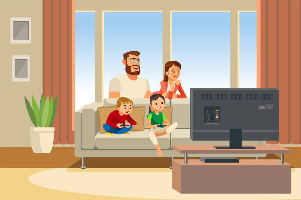 행복 한 가족 하루 만화 벡터 일러스트 레이 션 - people living room mother son stock illustrations