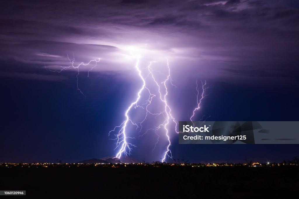 Lightning bolt storm Lightning bolt storm with thunderstorm clouds at night. Lightning Stock Photo