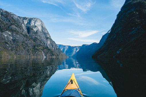 Kayak trip in Nærøyfjorden, part of Norways longest fjord Sognefjorden.