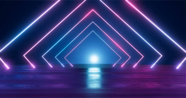 3d rendering. geometric figure in neon light against a dark tunnel. laser glow. - electric arc imagens e fotografias de stock