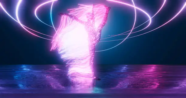 Photo of The figure of a gymnast from points of outgoing rays on the stage in a bright neon glow. 3d geometric background for business presentation.