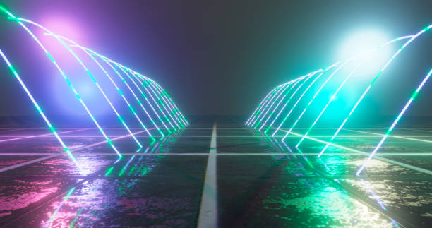 istock 3D Rendering. Geometric figure in neon light against a dark tunnel. Laser glow. 1060126544