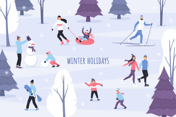 겨울 시즌 벡터 일러스트 레이 션. 야외 게임 및 활동입니다. 겨울 공원에 있는 사람들. 플랫 문자 아이스 스케이트, 스키, 눈사람, 눈싸움 놀이 만들고 재미. 눈 덮인 숲 풍경입니다. - snowball stock illustrations