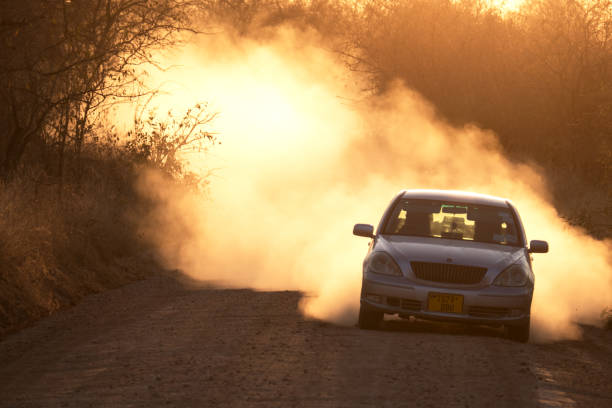 Car driving on a dusty road in Tanzania Ruaha National Park,Tanzania - August 07,2018: Car driving on a dusty  dirt road during sunset in the Ruaha National Park in Tanzania. africa sunset ruaha national park tanzania stock pictures, royalty-free photos & images