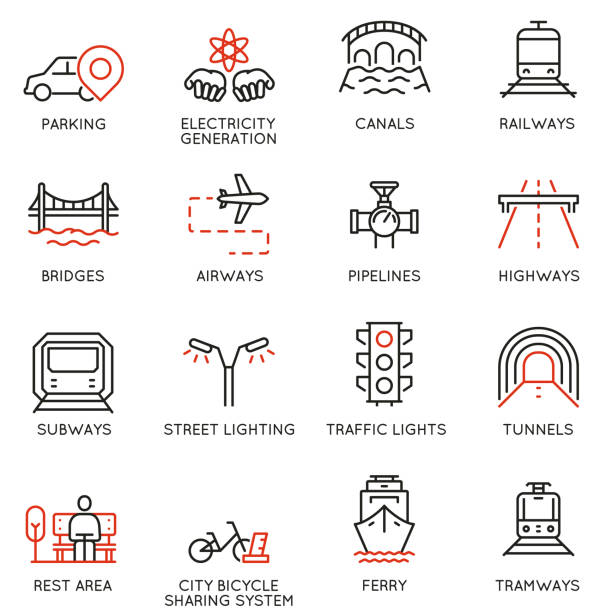 wektorowy zestaw cienkich liniowych 16 ikon związanych z zarządzaniem obiektami, inteligentnym miastem i rozwojem miast. piktogramy monoliniowe i elementy projektowe infografiki - część 1 - canal stock illustrations