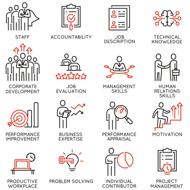 Vector set of linear icons related to human resource management. Mono line pictograms and infographics design elements - part 1 Vector set of linear icons related to human resource management. Mono line pictograms and infographics design elements - part 1 contributor stock illustrations