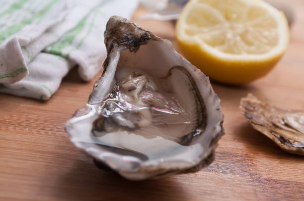 istock oysters and lemon on wooden cutting board 1060135502