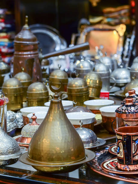 istock Turkish coffee sets and Jezve pot on the bazaar counter. Typical Turkish souvenirs. 1060139710