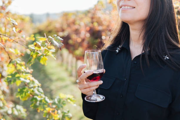 istock woman testing vine in the vineyard 1060140042