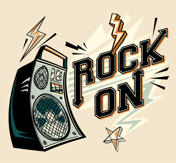 illustrazioni stock, clip art, cartoni animati e icone di tendenza di rock on - design musicale con altoparlante - rock and roll