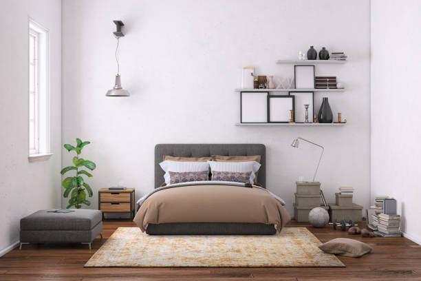 современный интерьер спальни с пустой стеной для копирования пространства - cozy bedside стоковые фото и изображения