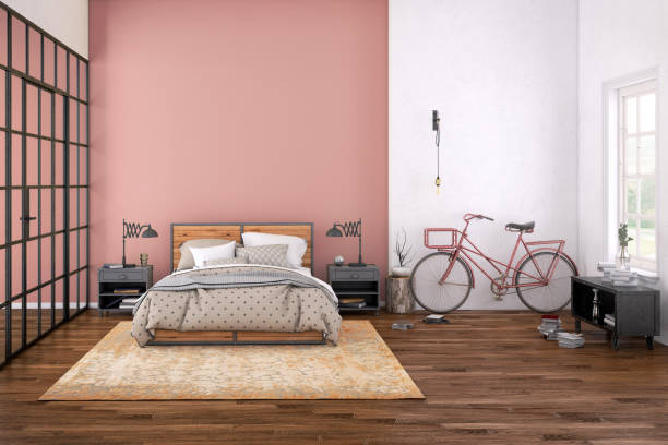 Modern bedroom interior with blank wall for copy space Modern bedroom interior, with bed, night tables, lamps, and many details around. Many books and decoration, wall is rich in texture. Copy space background template render pink bed stock pictures, royalty-free photos & images