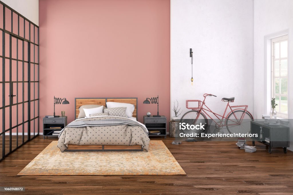 Nowoczesne wnętrze sypialni z pustą ścianą do kopiowania przestrzeni - Zbiór zdjęć royalty-free (Sypialnia)