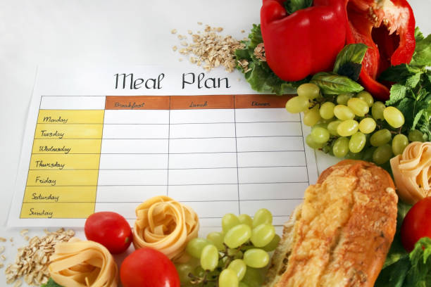 istock A meal plan for a week on a white table among products for cooking - pastas, basil, vegetables, cereals and spices. Concept healthy eating, dieting, slimming and weigh loss concept, top view, flat lay 1060153738