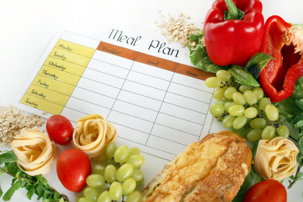 istock A meal plan for a week on a white table among products for cooking - pastas, basil, vegetables, cereals and spices. Concept healthy eating, dieting, slimming and weigh loss concept, top view, flat lay 1060153756