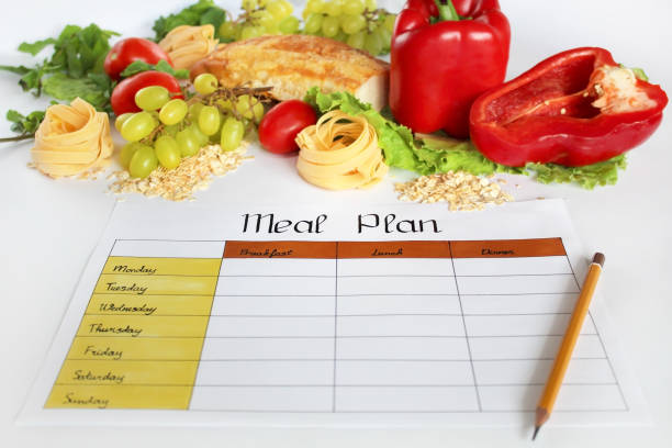 istock A meal plan for a week on a white table among products for cooking - pastas, basil, vegetables, cereals and spices. Concept healthy eating, dieting, slimming and weigh loss concept, top view, flat lay 1060153768