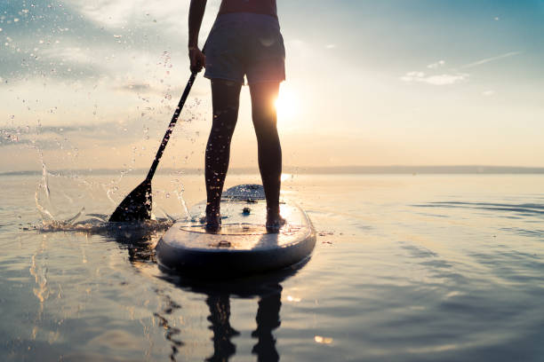 summer sunset lake paddleboarding detail summer sunset SUP rear view part of woman paddling with stand up paddle board alone in lake paddleboard photos stock pictures, royalty-free photos & images