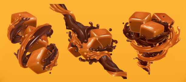 stockillustraties, clipart, cartoons en iconen met chocolade en karamel plonsen, 3d-realistische vector - caramel