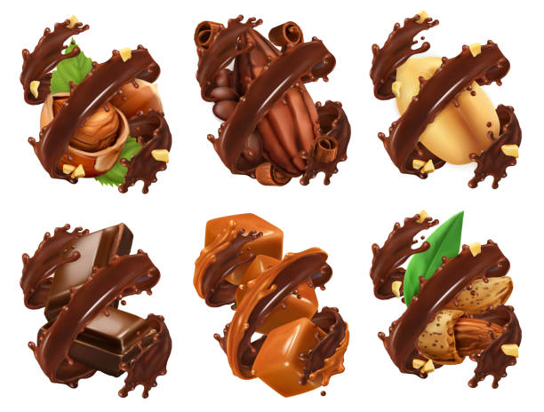 チョコレート ・ バー、ナッツ、キャラメル、カカオ豆がチョコレート スプラッシュ中。3 d のリアルなベクター - hazel eyes点のイラスト素材／クリップアート素材／マンガ素材／アイコン素材