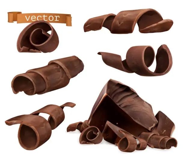 Vector illustration of Chocolate shavings and pieces, 3d vector set
