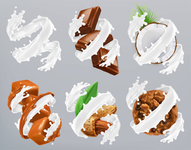 illustrations, cliparts, dessins animés et icônes de chocolat, caramel, noix de coco, amandes, biscuits à levure chimique dans les éclaboussures de lait. yogourt vectorielles réalistes en 3d - chocolate almond foods and drinks white chocolate