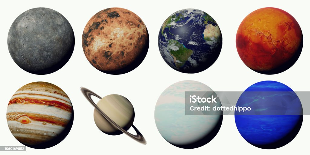 i pianeti del sistema solare isolati su sfondo bianco - Foto stock royalty-free di Pianeta