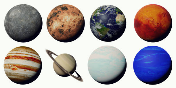 the planets of the solar system isolated on white background artistic depiction of the solar system planets saturn stock pictures, royalty-free photos & images