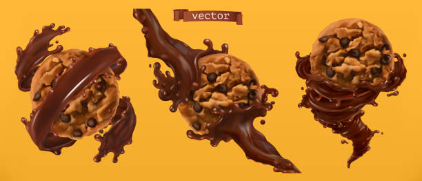 Cookies and chocolate splashes. 3d realistic vector Cookies and chocolate splashes. 3d realistic vector chocolate cookies stock illustrations