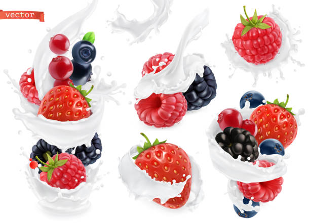 ilustrações de stock, clip art, desenhos animados e ícones de forest fruit yogurt. mixed berry and milk splashes. 3d realistic vector - dairy farm liquid food and drink splashing