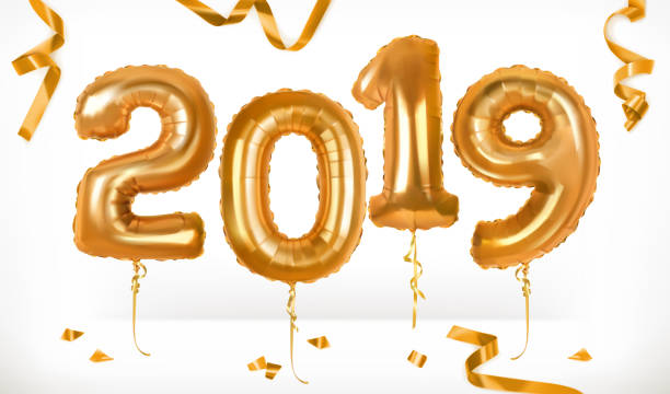 istock Golden toy balloons. Happy New Year 2019. 3d vector icon 1060170194