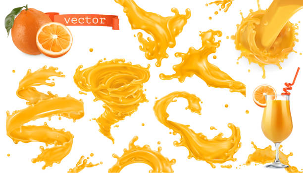pomarańczowa farba plusk. mango, ananas, sok z papai. 3d realistyczny zestaw ikon wektorowych - tornado obrazy stock illustrations