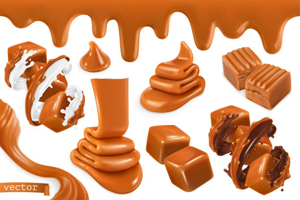 ilustraciones, imágenes clip art, dibujos animados e iconos de stock de ilustración de vector de dulce caramelo, juego 3d realistas - chocolate topping