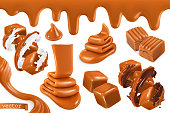 Sweet caramel, set realistic 3d vector illustration
