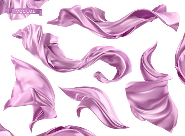 ilustrações, clipart, desenhos animados e ícones de cortina violeta, tela 3d realista vector conjunto - seda