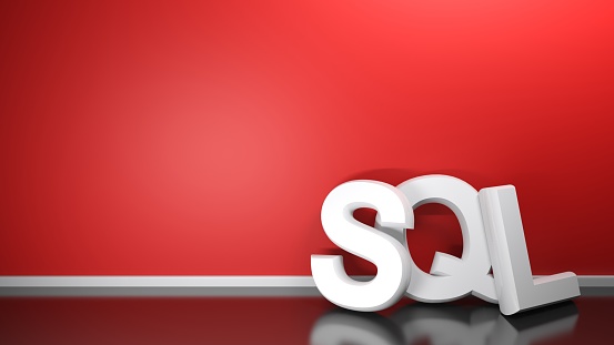 The write SQL - Structured Query Language - written with 3D white letters standing on the black glossy floor of a room, leaning at its red wall - 3D rendering illustration