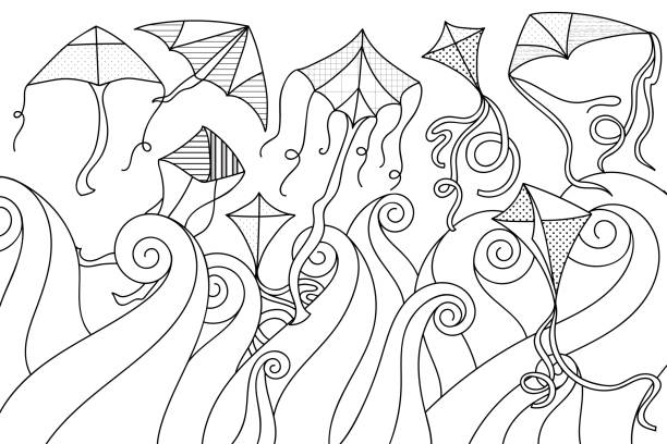 ilustrações, clipart, desenhos animados e ícones de conjunto de diversas pipas voando com doodle ondas. - wave curl