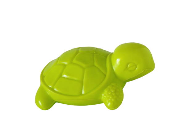 Plastic children's toy green turtle isolated on white background.
