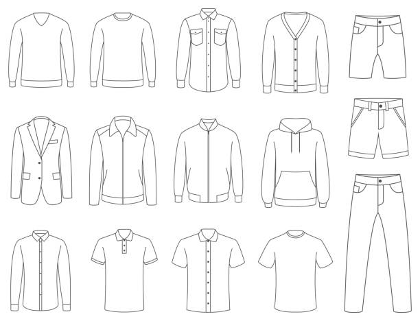 ilustraciones, imágenes clip art, dibujos animados e iconos de stock de ropa. vectores de ropa masculina - shirt jacket template t shirt