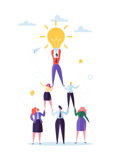 illustrazioni stock, clip art, cartoni animati e icone di tendenza di concetto di lavoro di squadra di successo. piramide degli uomini d'affari. leader che tiene la lampadina in alto. leadership, teamworking e idea creativa. illustrazione vettoriale - reach for the stars