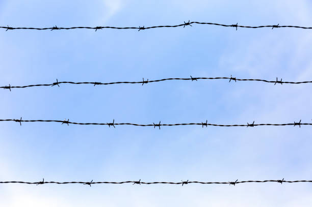 istock Old rusty barbed wire against blue sky background with copy space 1060210468