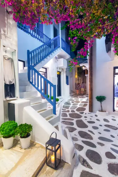 Photo of View of the famous pictorial narrow streets of Mykonos town in Mykonos island, Greece