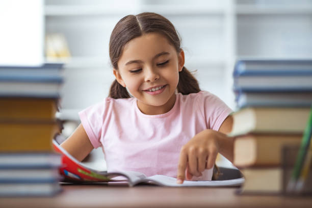 The happy schoolgirl sitting at the desk with books stock photo