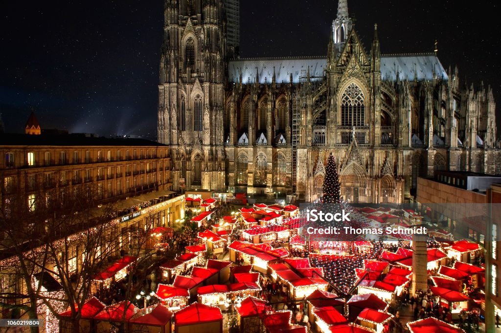Cologne cathedral christmas market Panorama view of Cologne cathedral christmas market with illumination,  christmas tree and world heritage cologne cathedral. Cologne Stock Photo