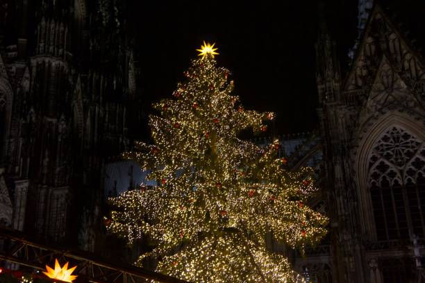 Cologne Cathedral Christmas Market beside world heritage cologne cathedral with illumination, stars and traditional stands in the heart of the city.
