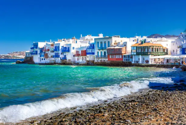 Photo of View of the famous pictorial Little Venice bay of Mykonos town in Mykonos island in Greece