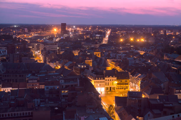Aerial panorama of Hasselt at night. \nHasselt, Flemish Region, Belgium.