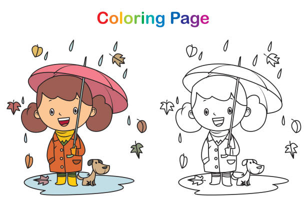 illustrations, cliparts, dessins animés et icônes de livre de coloriage, automne et petite fille - young animal characters clothing coat