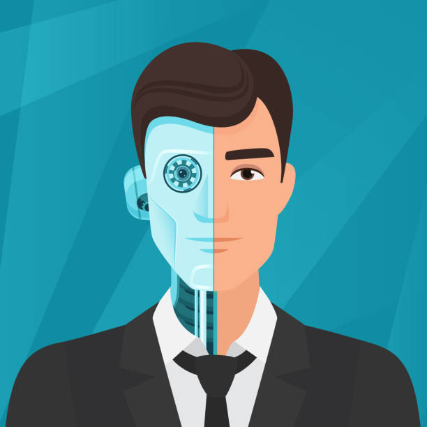 Half cyborg, half human man businessman vector illustration. Half cyborg, half human man businessman vector illustration halved stock illustrations